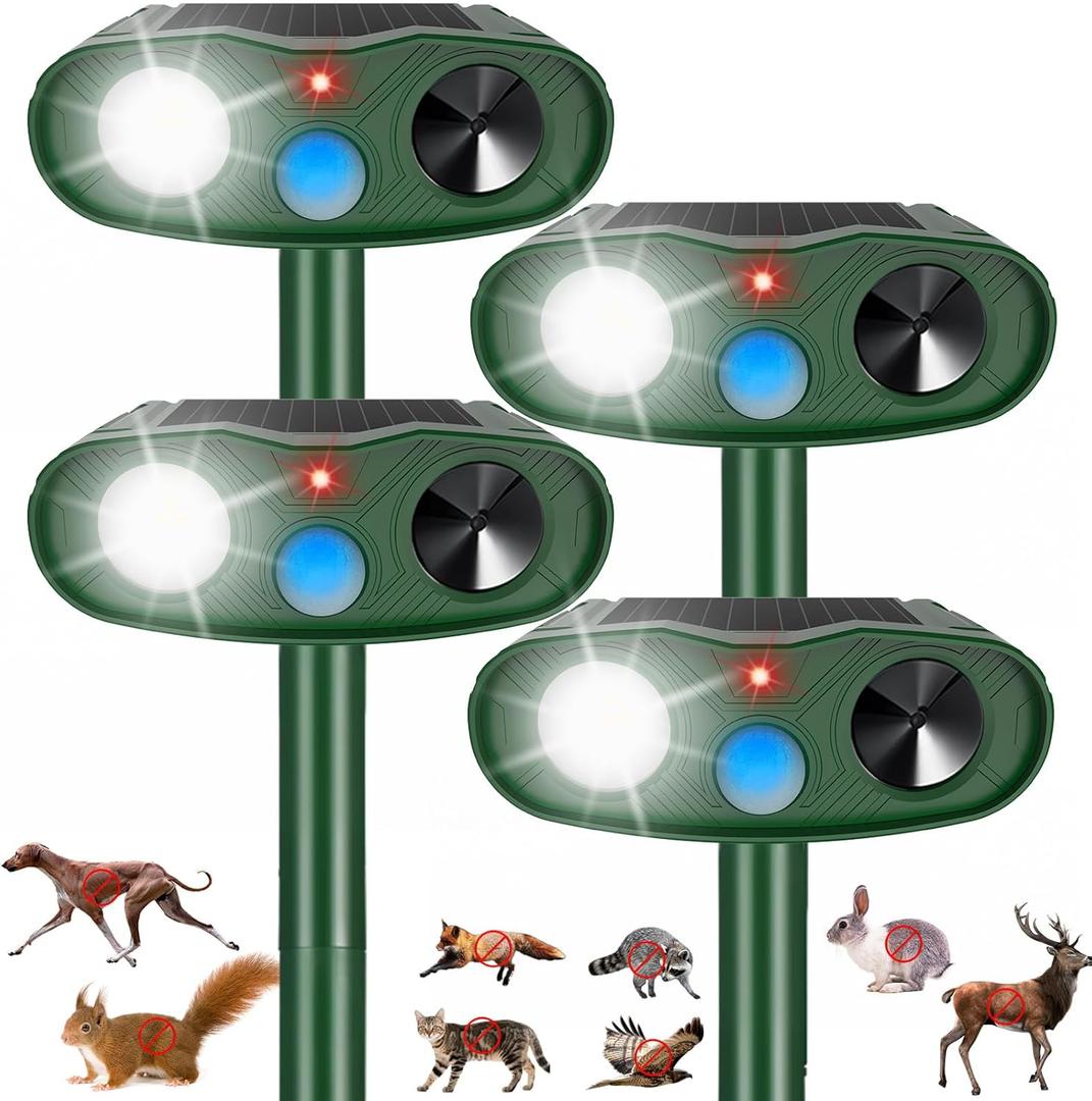 2026 Racoon Squirrel Sonic Fortress Pro Rabbit Repellent Outdoor, Solar Ultrasonic Animal Repeller Deer Deterrent with Motion Sensor&Flash Light to Scare Cat Skunk Dog Out of Garden Farm Yard(4Pack)