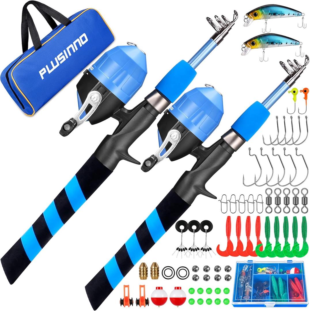 PLUSINNO Kids Fishing Pole, Portable Telescopic Fishing Rod and Reel Combo Kit - with Spincast Fishing Reel Tackle Box for Boys, Girls, Youth (1.2M 3.94Ft, 2pack blue)