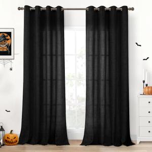YoungsTex Linen Black Curtains 84 inch Length 2 Panels for Living Room, Light Filtering Drapes with Bronze Grommet Semi Sheer Gothic Decorative for Dining Bedroom, 52 X 84 Inch