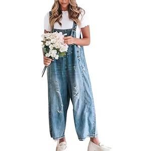 chouyatou Women Loose Adjustable Strap Denim Bib Overall Jeans Distressed Wide Leg Baggy Overalls Jumpsuit, 2XL