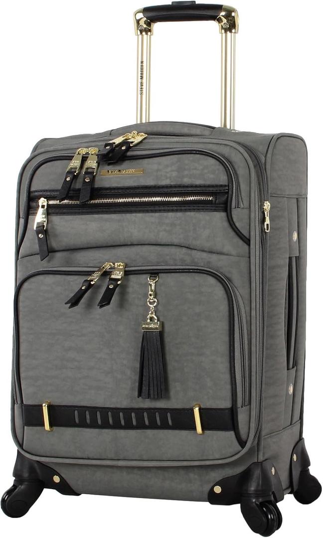 Steve Madden Designer Luggage - Checked Large 20 Inch Softside Suitcase - Expandable for Extra Packing Capacity - Lightweight Bag with Rolling Spinner Wheels (Peek-A-Boo Grey)