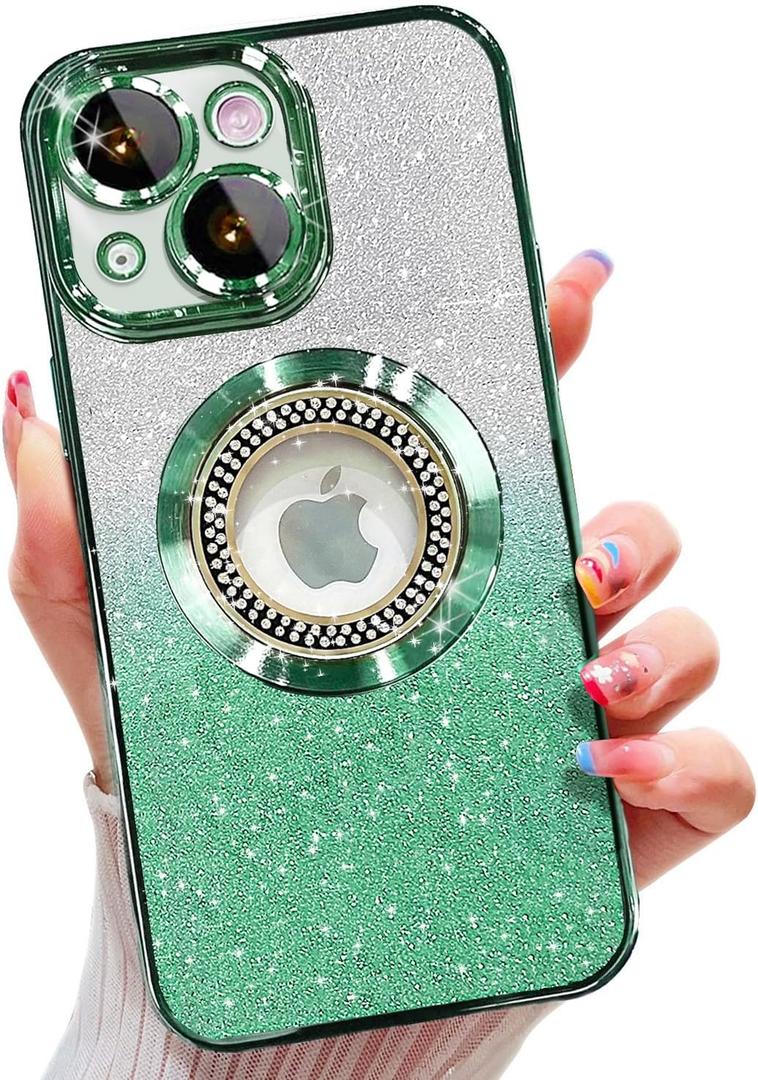 Misscase for iPhone 14 Plus Magnetic Case Compatible with MagSafe,Full Protection Slim Shockproof Anti-Scratch Glitter Case with Camera Lens Protector Logo View Dust-Proof Net for Women Green