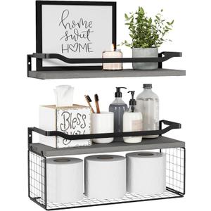 WOPITUES Floating Shelves with Wire Storage Basket, Bathroom Shelves Over Toilet with Protective Metal Guardrail, Wood Wall Shelves for Bathroom Organizers and Storage, Toilet Paper- Gray (15.7 inch, Modern Grey)