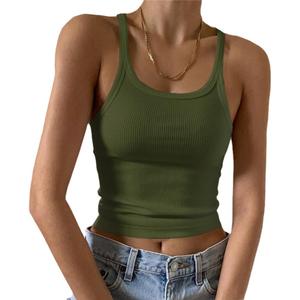 Artfish Women's Sleeveless Tank Top Form Fitting Scoop Neck Ribbed Knit Basic Cami Shirts (01#short Olive Green)