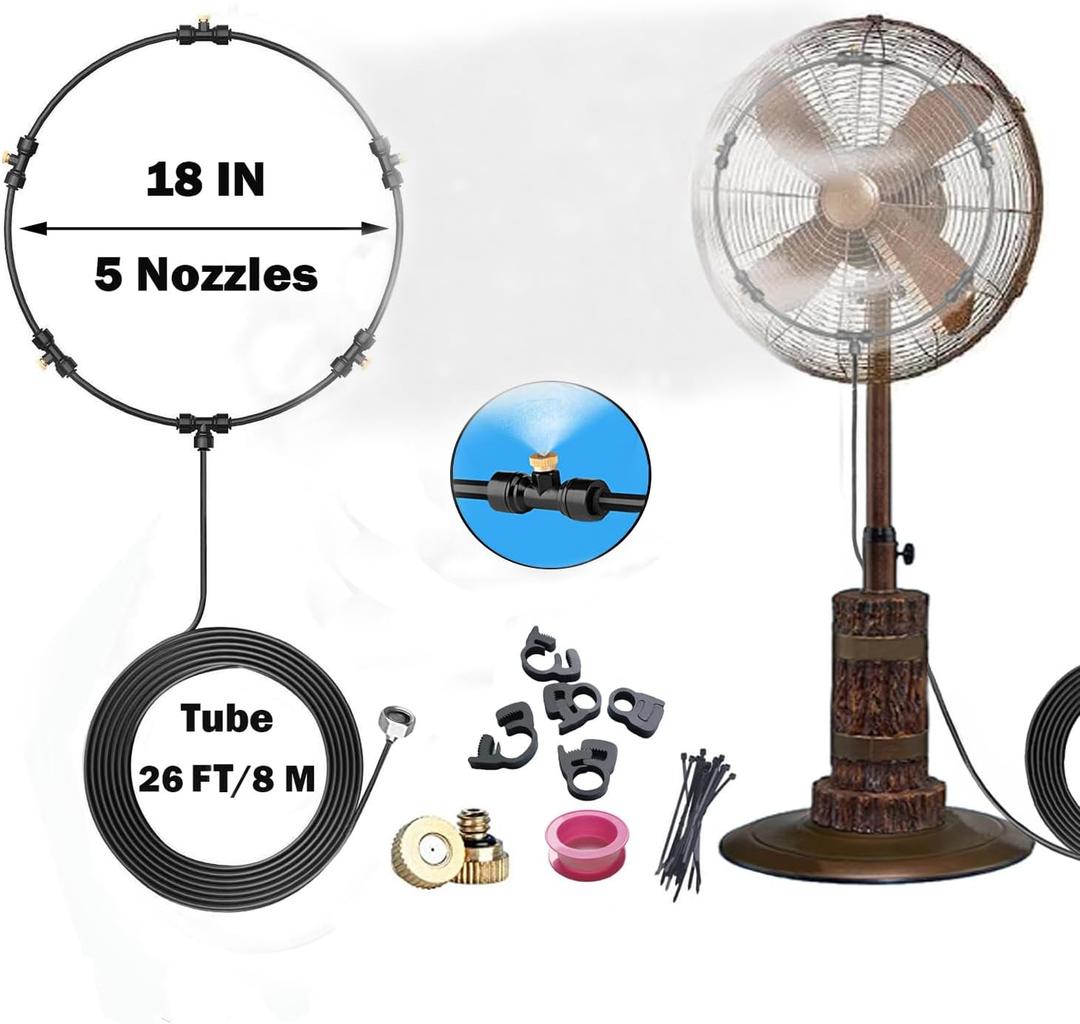Stay Cool Outdoors with 18 Inch Misting Fan Kit - 26ft Water Mister Spray Tube& 5 Removable Brass Nozzles & Galvanized Solid Brass Adapter for patio misters for cooling outdoor