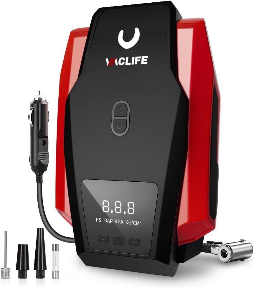 VacLife Tire Inflator Portable Air Compressor - Air Pump for Car Tires, 12V DC 100PSI Tire Pump for Bikes with LED Light, Digital Pressure Gauge, Car Accessories, Red VL701
