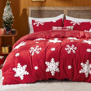 Bedsure Fluffy Duvet Cover Set - Ultra Soft Plush Shaggy Comforter Cover King Size, Warm Flannel Fleece Bed Sets for Winter, 3 Pieces, Snowflake Pattern, Red (King (104" x 90"))