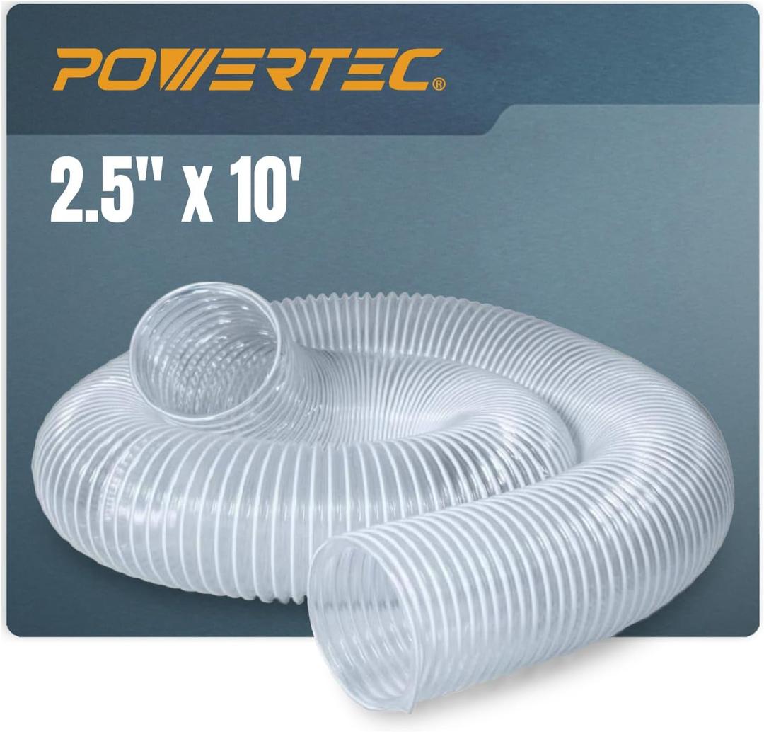 POWERTEC 2-1/2" x 10' Dust Collection Hose, Flexible PVC Dust Collector Hose for Table Saw, Band Saw, Router Table, Belt Sander, Woodworking & Garage, Wood Shop Dust Collection System (70129)