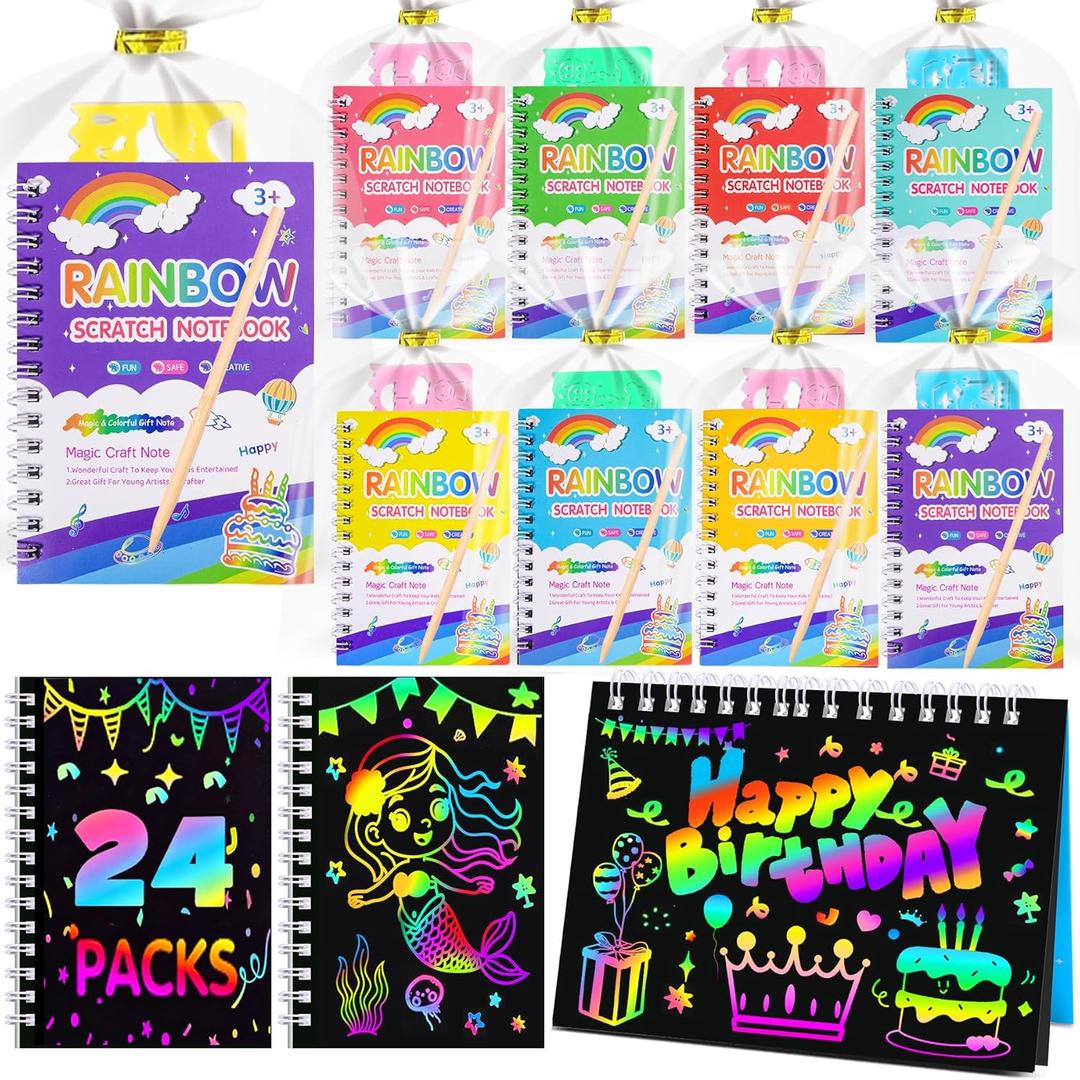 Party Favors for Kids 24 Pack Scratch Art Birthday Goodie Bag Stuffers Rainbow Scratch Notebook Classroom Prizes Bulk Kids Craft School Supplies Return Gifts for Girls Boys 3-5,4-8,8-12 Years Old