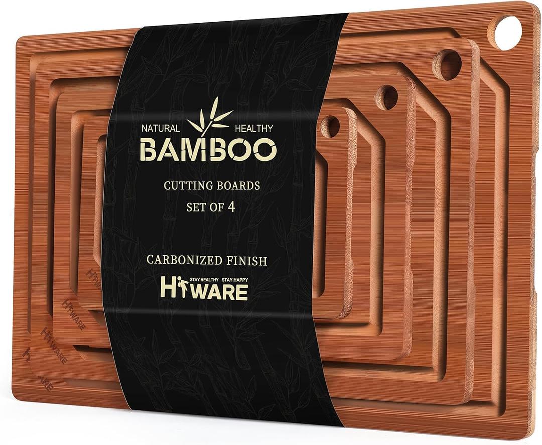 Hiware 4 Pieces Extra Large Wooden Cutting Boards Set- Bamboo Cutting Boards for Kitchen Meal Prep & Serving, Cutting Board with Deep Juice Groove & Built-in Handles, Charcuterie & Chopping Board (Brown)