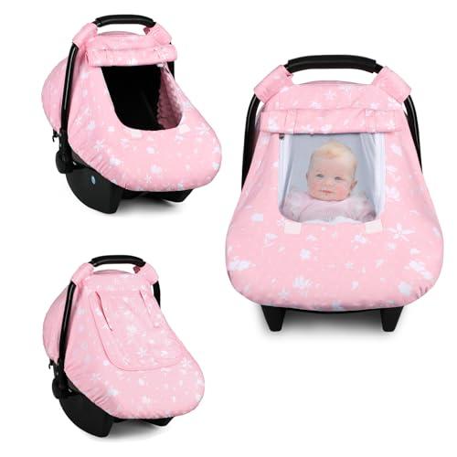 ManFaiSky Car Seat Cover Baby, Breathable Infant Baby Carseat Cover for Girls, Cozy & Windproof Infant Car Seat Covers Canopy, Extra Mesh Window, Pink