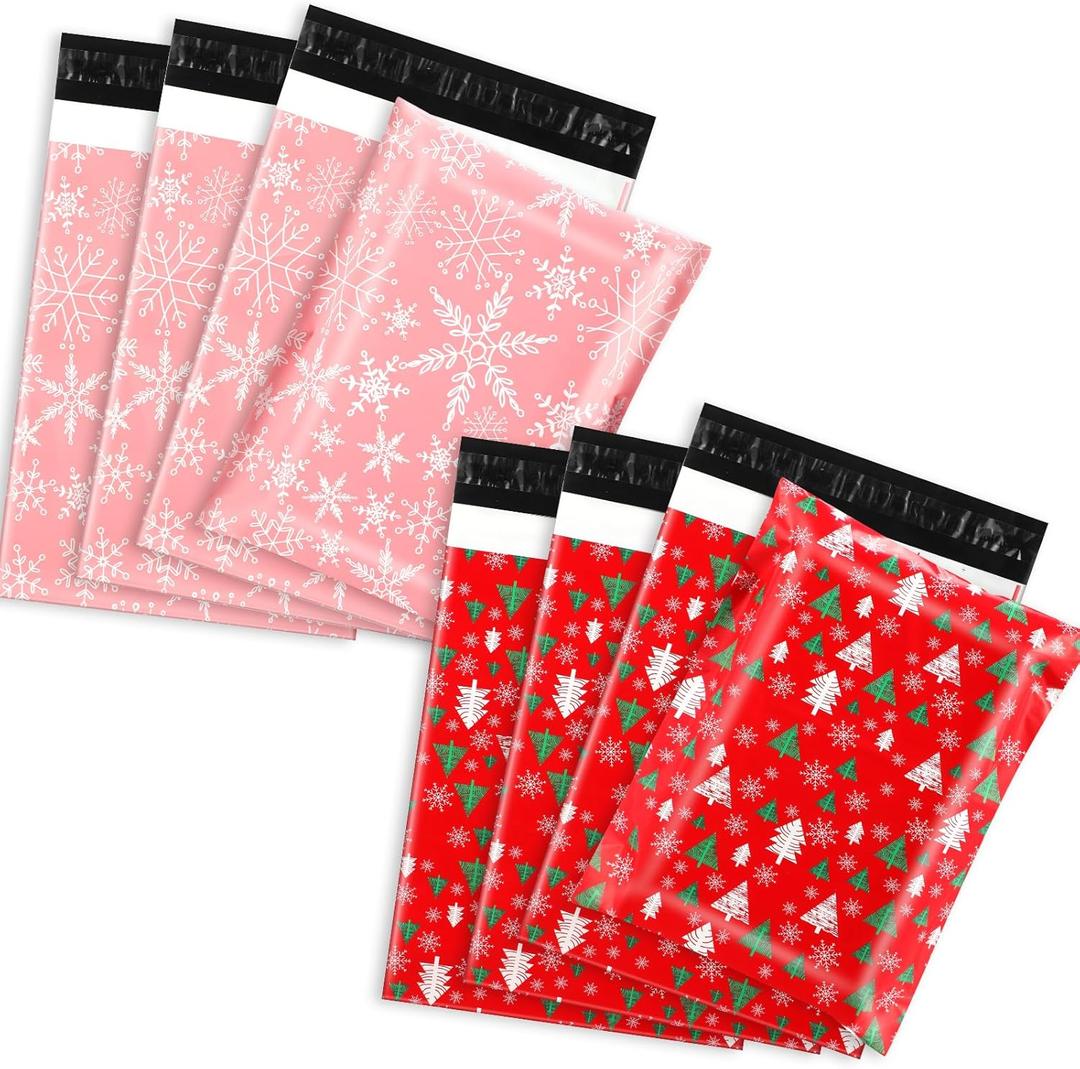 Fullhawl 200 Pcs Christmas Poly Mailers 10x13" Snowflake Xmas Tree Envelopes Mailers Red Pink Self Adhesive Shipping Poly Bags Packaging Mailing Bags for Small Business Clothing