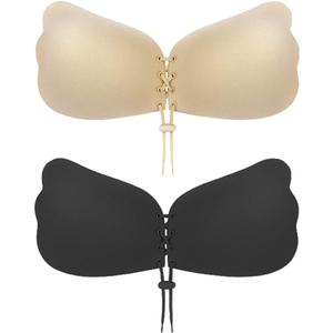 Sticky Bra 2 Pairs Backless, Strapless, Adhesive, Invisible, Push up Bra for Women Stick on (Black and Nude)