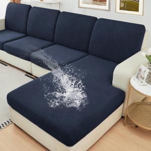 NAISI Waterproof Couch Cushion Covers Thick Velvet Fabric Washable Sofa Slipcovers Sectional Couch Covers for 4 Pieces Separate L Shape Couch Cover with Elastic Bottom(3 Seater + 1 Chaise,Navy)