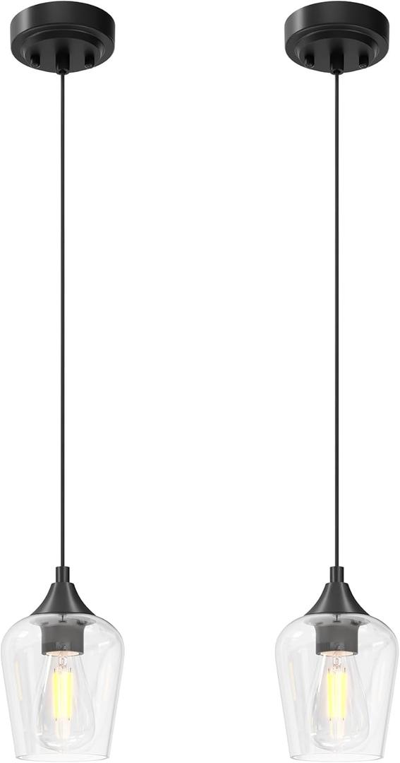 VONLUCE Pendant Lights Kitchen Island, Matte Black Pendant Light Fixtures with E26 Base & Adjustable Cable, Modern Pendant Lighting with Glass Shade for Living Room Bedroom Hallway, 2 Pcs