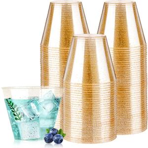 Goodluck 9 oz 100 PCS Gold Glitter Plastic Cups, Disposable Glitter Cups, Elegant Plastic Cocktail Glasses, Fancy Party Cups for Wedding, Birthday, Holiday