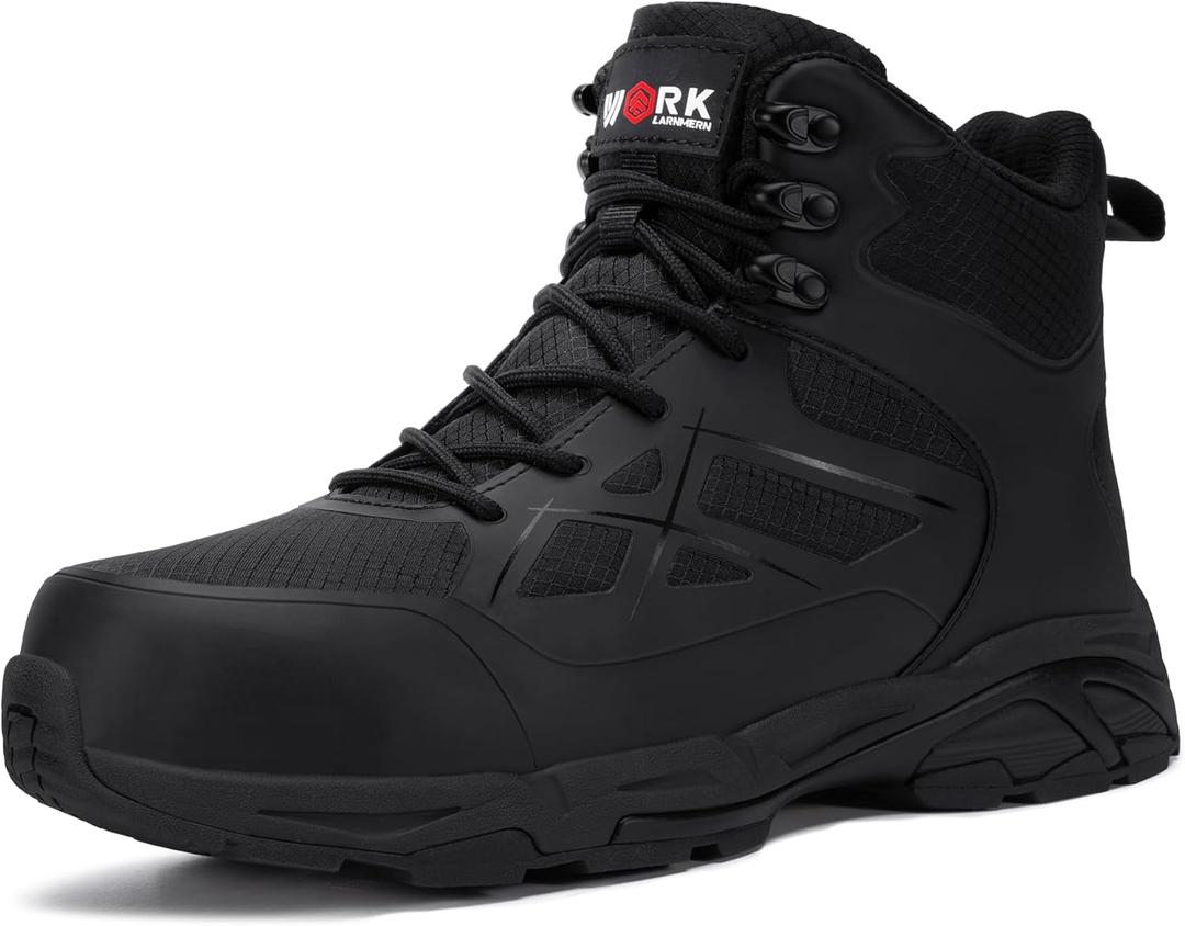 LARNMERN Steel Toe Work Boots Men,Non Slip Safety Shoes,Comfortable Industrial and Constructio Hiking Sneakers (10.5, Deep Black)