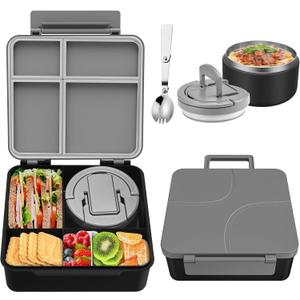 Bento Lunch Box for Kids with 8oz Soup Thermo,Kids Leakproof Lunch Food Containers with 4 Compartment,Kid Insulated Thermo Hot Food Jar for School,Trvael-Black