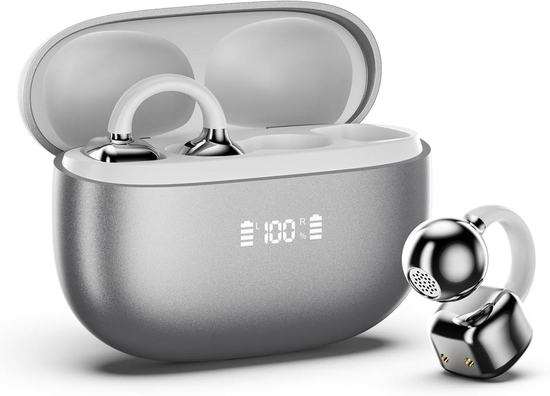 PAXA Clip On Earbuds, Clipbuds7 Open Ear Earbuds Wireless Bluetooth 5.4 with LED Display, Auto L-R Ear Recognition and Touch Control, Ultra-Light 4.5g Fit Comfort for Sports Fitness Daily Use, Silver