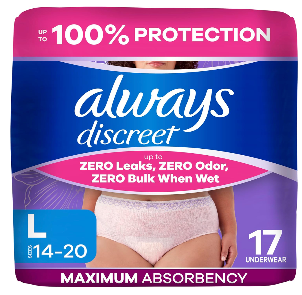 Always Discreet Adult Diapers for Women, Incontinence Underwear, Postpartum Essentials, Disposable Briefs, Max Absorbency, Bladder Leak Protection, Large, 17ct