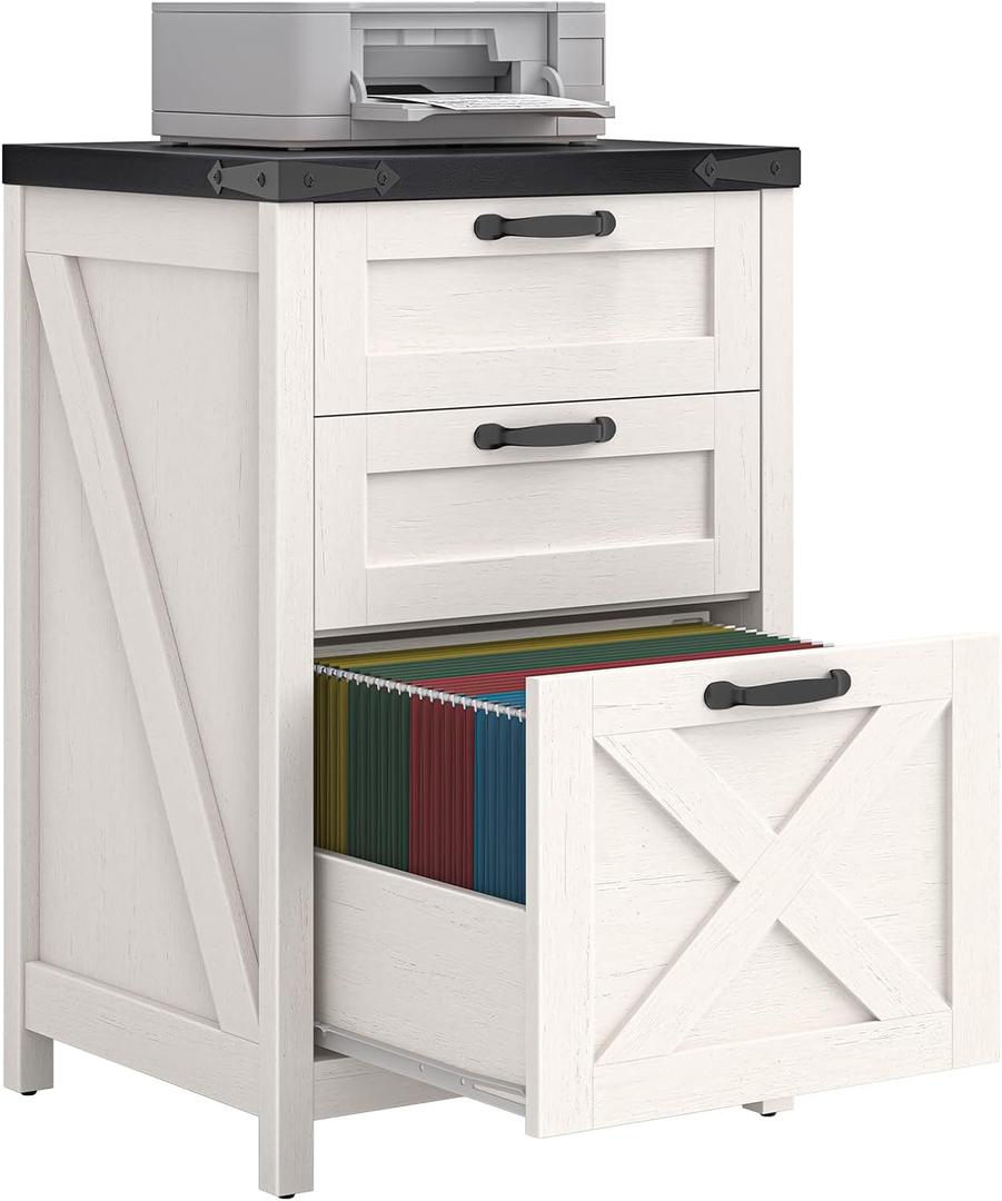 Farmhouse File Cabinet with 3 Drawers for Home Office, White and Black
