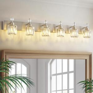 PRESDE Crystal 6-Light Bathroom Vanity Light Fixtures Brushed Nickel Modern Wall Lighting Over Mirror