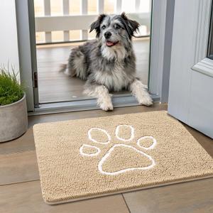 Smiry Dog Door Mat for Muddy Paws, Absorbent Dirt Trapper Non Slip Quick Dry Washable Chenille Mat for Mud Dogs, Entry Rug for Indoor and Outdoor (24x16 Inches, Beige and White)