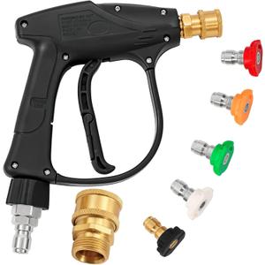 Short Pressure Washer Gun 4000 PSI with Swivel Quick Connect, 5 Nozzle Tips, 3/8" Inlet & M22-14mm Adapter, Foam Cannon Compatible for Gas Pressure Washer, Car Wash, Driveway, Patio