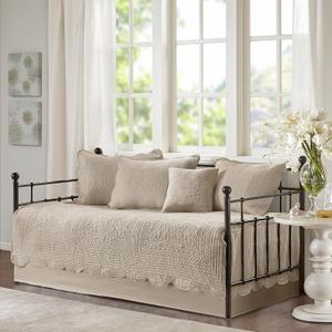 Madison Park Daybed Cover Set Damask Quilted Cover for Daybeds, All Season, Pre-Washed Cotton-Filled Coastal Bedding with Scallop Edge, Shams, Bedskirt, Dcor Pillows, Tuscany, Daybed Khaki 6 Piece, 75"x39"