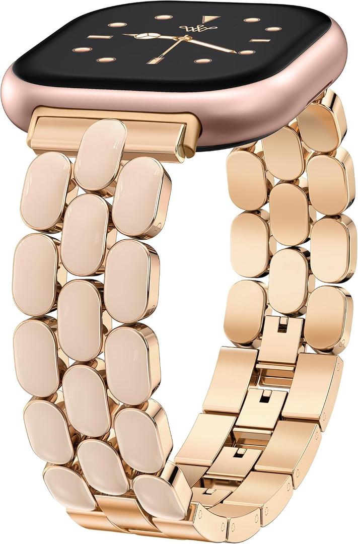 Wearlizer Resin Metal Band Compatible with Fitbit Versa 4 Bands for Women/Sense 2/Sense/Versa 3, Jewelry-Style Dressy Bracelet with No-Tool Adjustment, Elegant Lightweight Strap for Work & Daily