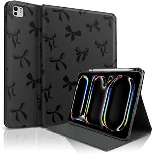 TopPerfekt for iPad Pro 11 Inch M4 2024 (5th Generation) Case, Black Bow tie Cute Chic Adorable with Auto Wake/Sleep Pencil Holder for Kids, Boys, Girls, Anti-Slip- Anti-Shock, Black Bow