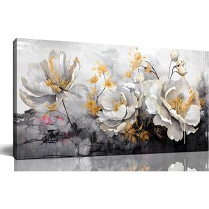 Flower Wall Art for Bedroom, Peony Canvas Wall Decor for Living Room, Black White and Gold Picture Print, Size 40x20 Inches