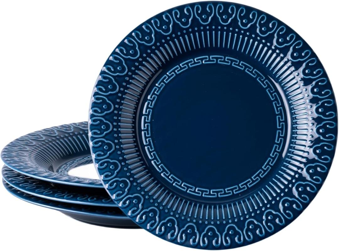 AmorArc Ceramic Dinner Salad Plates Set of 4, 8 inch Small Dinner Plates with Embossed Pattern for Dessert,Salad, Appetizer, Bread. Microwave&Dishwasher Safe, Scratch Resistant, Blue
