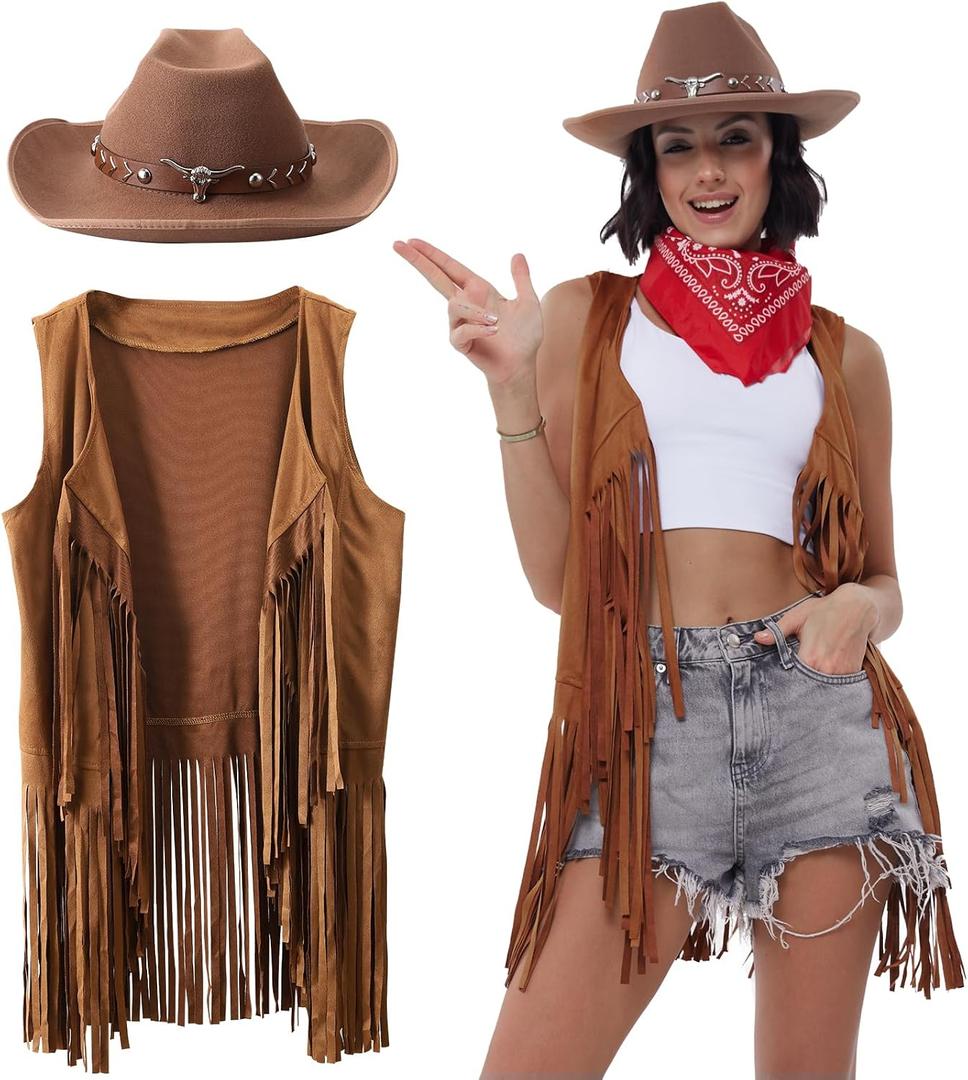 PARTTELY Western Outfits for Women Cowgirl Tassel Sleeveless Vest Cowboy Hat and Paisley Bandana (Brown)