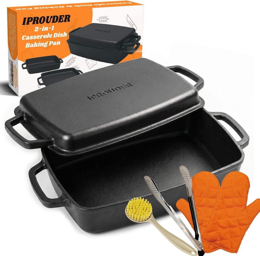 2-in-1 Pre-Seasoned Cast Iron Casserole Dish with Lid, Rectangular Dutch Oven, Cast Iron Baking Pan&Baking Dish for Lasagna, Sourdough Bread, 13"x9"