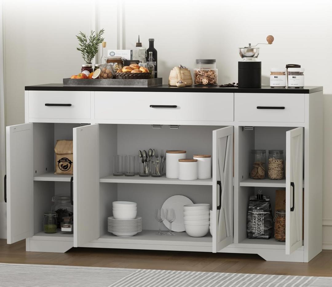 CuisinSmart Buffet Cabinet with 4 Doors, Modern Farmhouse 55" Large Sideboard Table Storage Cabinet,Adjustable Shelves, Drawers, and Versatile Storage for Kitchen, Dining Room, Coffee Bar, Rustic (White Black)