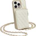 LAMEEKU for iPhone 15 Pro Wallet Case, Crossbody Case with Card Holder Quilted Leather Zipper Purse, Wrist Strap Lanyard Chain Cover for Women for iPhone 15 Pro 6.1" Beige