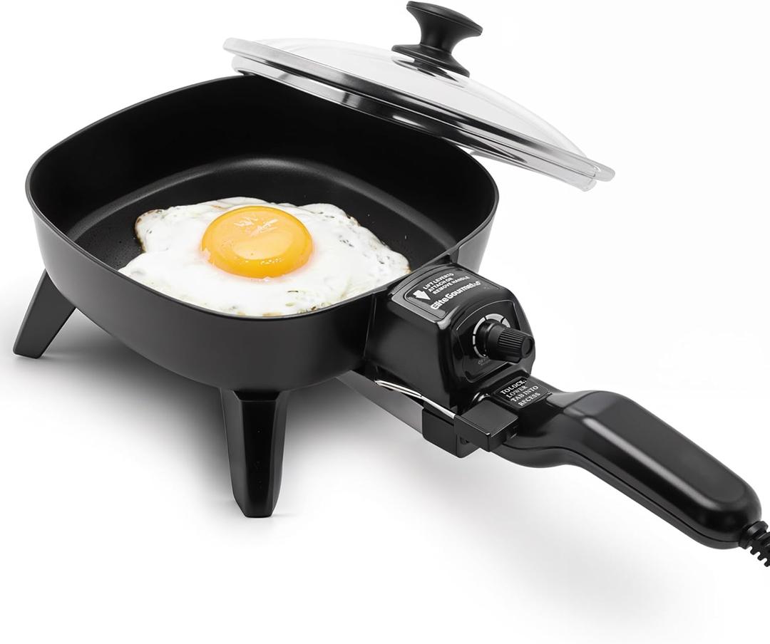Elite Gourmet EFS-400# Personal Stir Fry Griddle Pan, Rapid Heat Up, 600 Watts Non-stick Electric Skillet with Tempered Glass Lid, Black