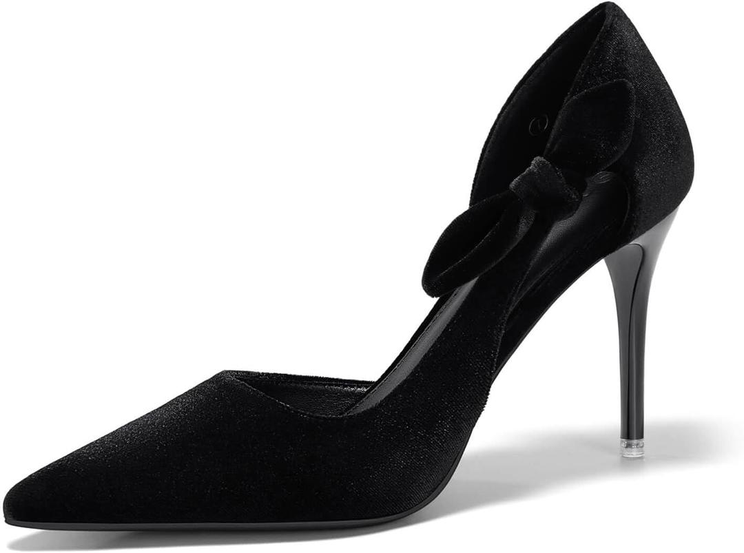 Coutgo Womens Stiletto High Heels Closed Pointed Toe Bow Pumps D'Orsay Wedding Bride Dress Shoes