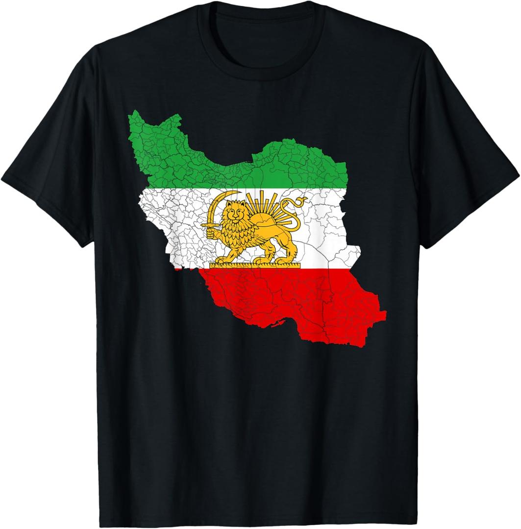 Iran Map with Lion and Sun Emblem, Vintage Persian Heritage T-Shirt (Black, 2XL)