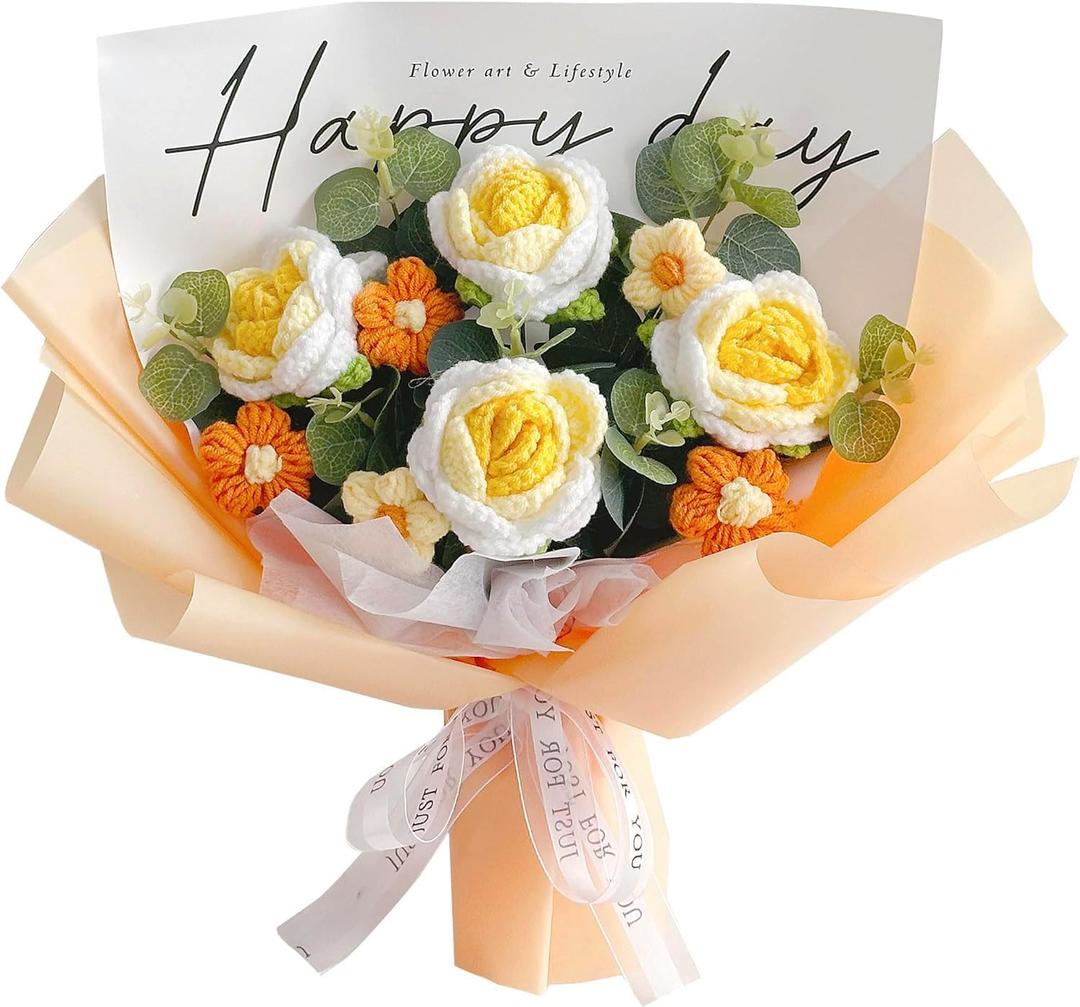 Completed Crochet Flowers Handmade Knitted Bouquet [ Rose Puff flower Fairy Light Gift Card Bag Kit ] for Mother Valentine Birthday Wedding Home Decor (Yellow)