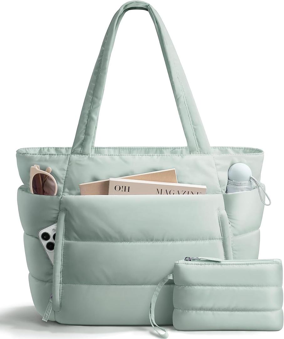 Puffer Tote Bag for Women, Lightweight Puffy Work Handbag Teacher Nurse Quilted Shoulder Bag for School Travel Gym | Cloud Bag w/ Zipper, Daily College Bags, 15.6" Computer Bag, Clinical Nursing Bag, 40 OZ Tumbler Holder, Ideal Gift for Women (Mint Green)