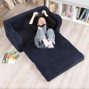 MOMCAYWEX Kids Extra Wide Chairs for Toddler, 2-in-1 Toddler Soft Sherpa Couch Fold Out, Convertible Sofa to Lounger for Girls and Boys, Dark Blue