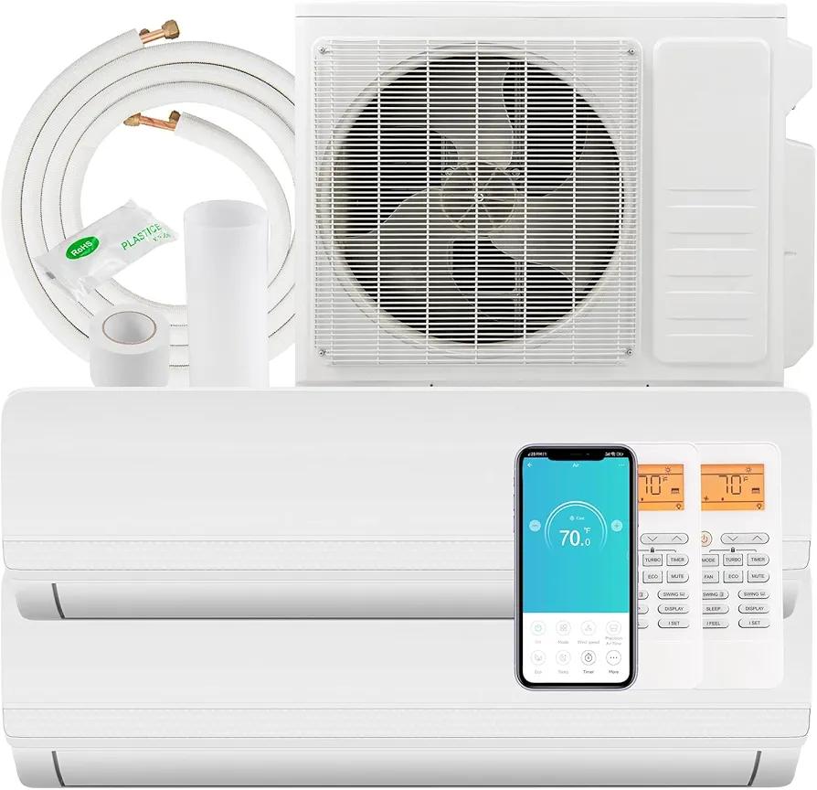 SIMOE 2 Zone 9,000 + 9,000BTU Mini Split AC/Heating System, 18K BTU ODU, Work with Alexa, 19 SEER2 208-230V Cools Up to 900 Sq.Ft, Ductless Pre-Charged Inverter System, 16ft Installation Kits