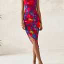 PRETTYGARDEN Women 2025 Summer Mesh Dress Spaghetti Strap Cowl Neck Print Ruched Bodycon Dresses Asymmetrical Long Dress (XL)