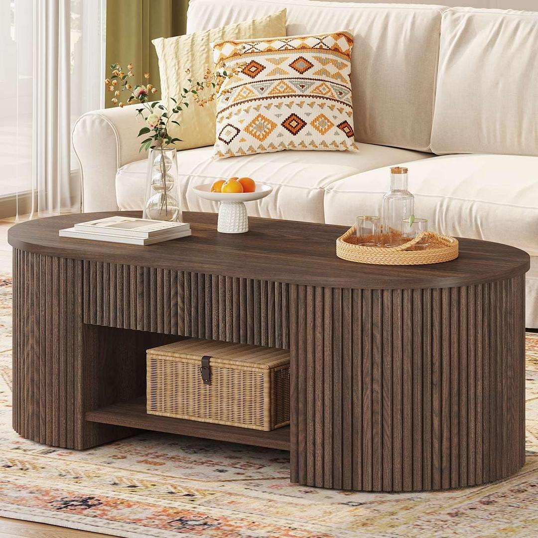 Coffee Table with Storage, Mid Century Modern Wood Fluted Center Table with Shelf, Oval Coffee Tables with Drawer (Dark Walnut, 43.31 Inch)