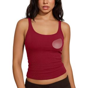 SUUKSESS Women Padded Cotton Ribbed Tank Tops Casual Summer Going Out Sleeveless Scoop Neck Basic Cami Tops (Red, L)