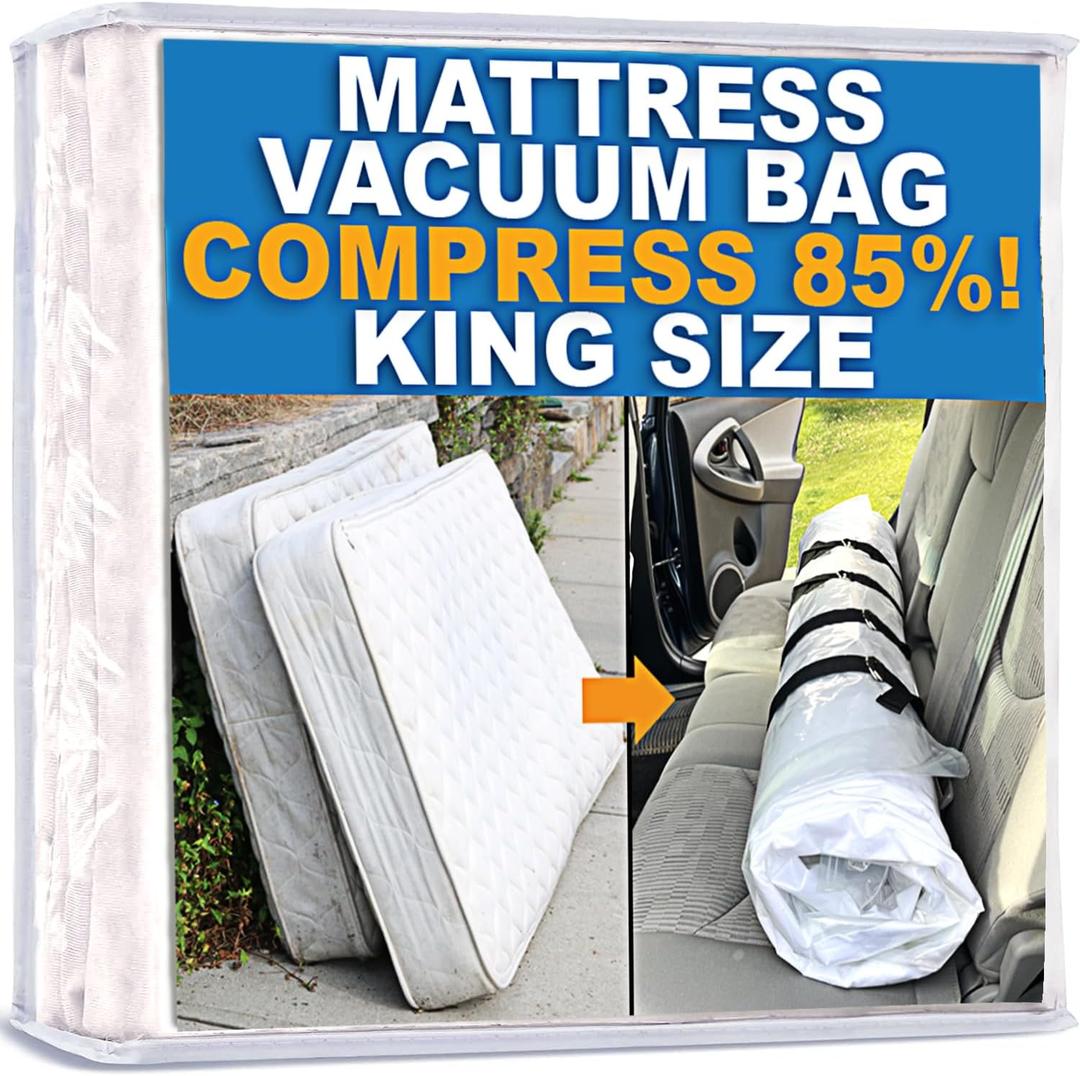 Mattress Vacuum Bag for Moving, Vacuum Seal Mattress Bag for Memory Foam or Inner Spring Mattresses, Compression and Storage for Returns, Leakproof Valve and Double Zip Seal (King) (Clear)