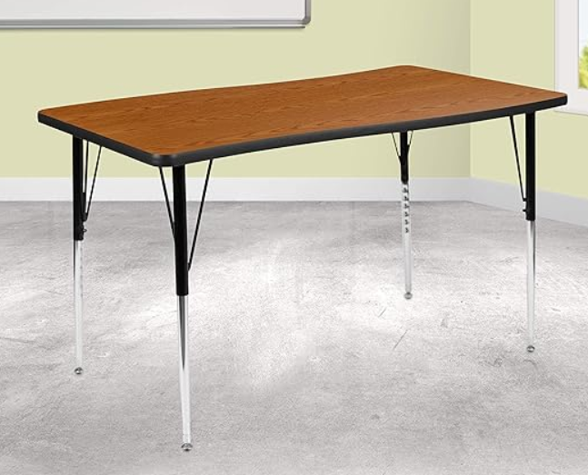 Flash Furniture 28"W x 47.5"L Rectangular Wave Collaborative Grey Thermal Laminate Activity Table - Standard Height Adjustable Legs, Oak