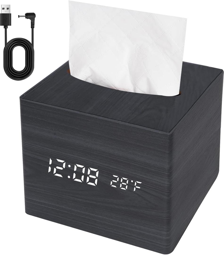 Wooden Tissue Box Cover Digital Cordless Alarm Clocks for Bedrooms, 8-Level Dimming, 5 Alarm Settings, Sound Activation, 5 Mins Snooze, 12/24H, Temperature and Date Display for Office